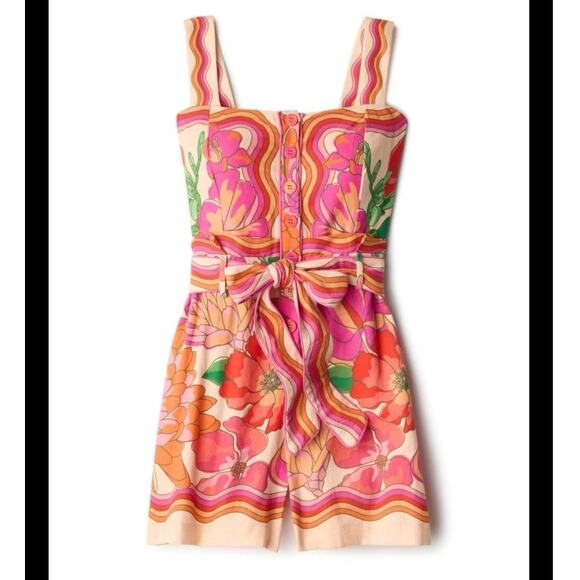 Farm Rio Spring Affair Romper Playsuit Linen Blend Size Small Playsuit Colorful - Picture 2 of 12